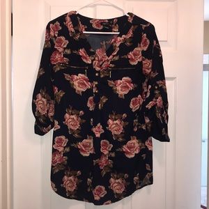 Dark blue chiffon pink floral shirt